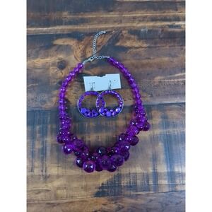 Purple‎ Beaded Statement Necklace & Matching Hoop Earrings
